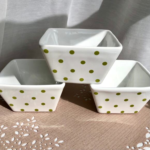 3 Square Bowls “Dotty Green” Fine China - Picture 1 of 12